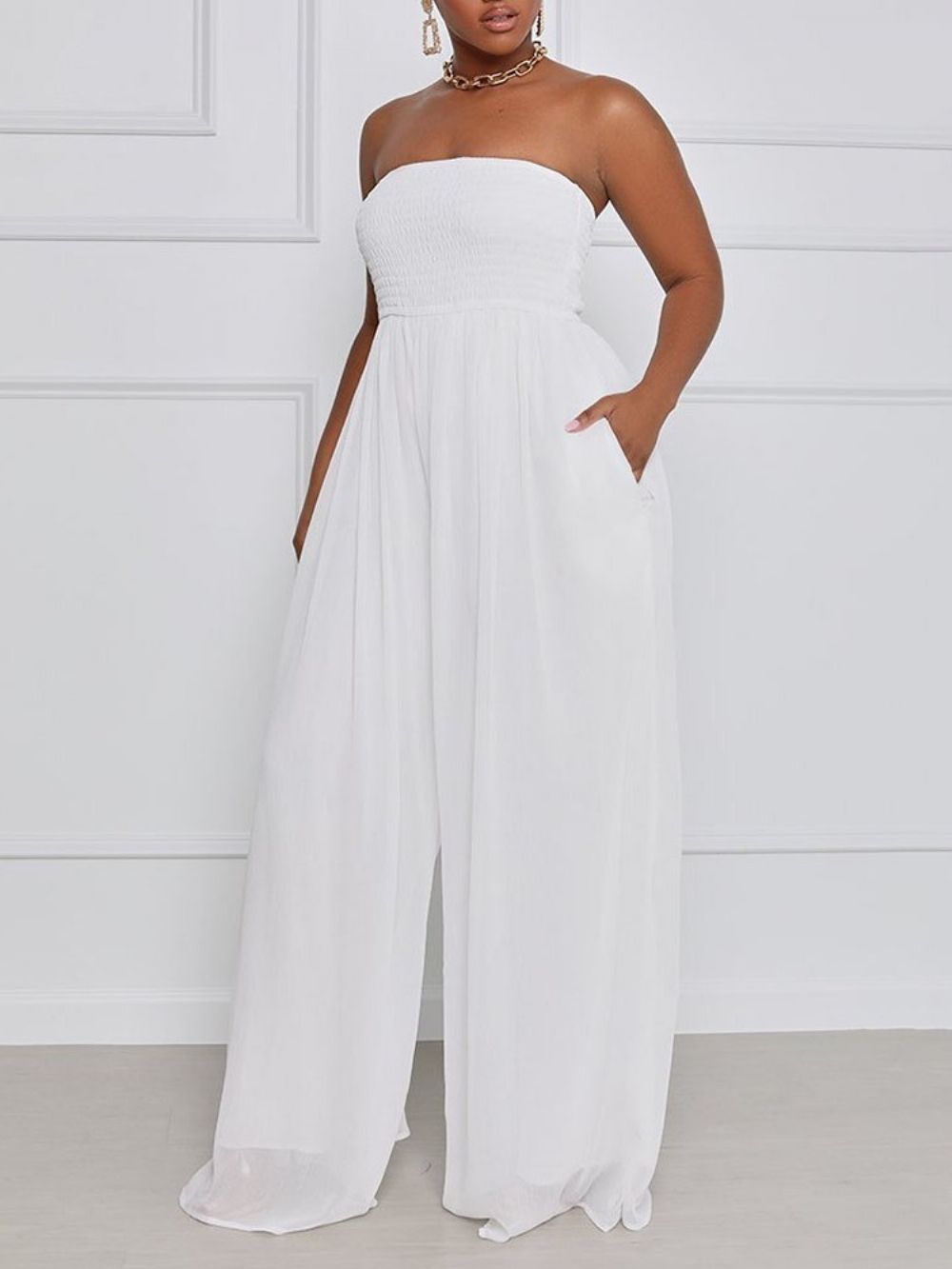 Mode Geplooide Damesjumpsuit Met Hoge Taille En Wijde Pijpen Over De Volledige Lengte