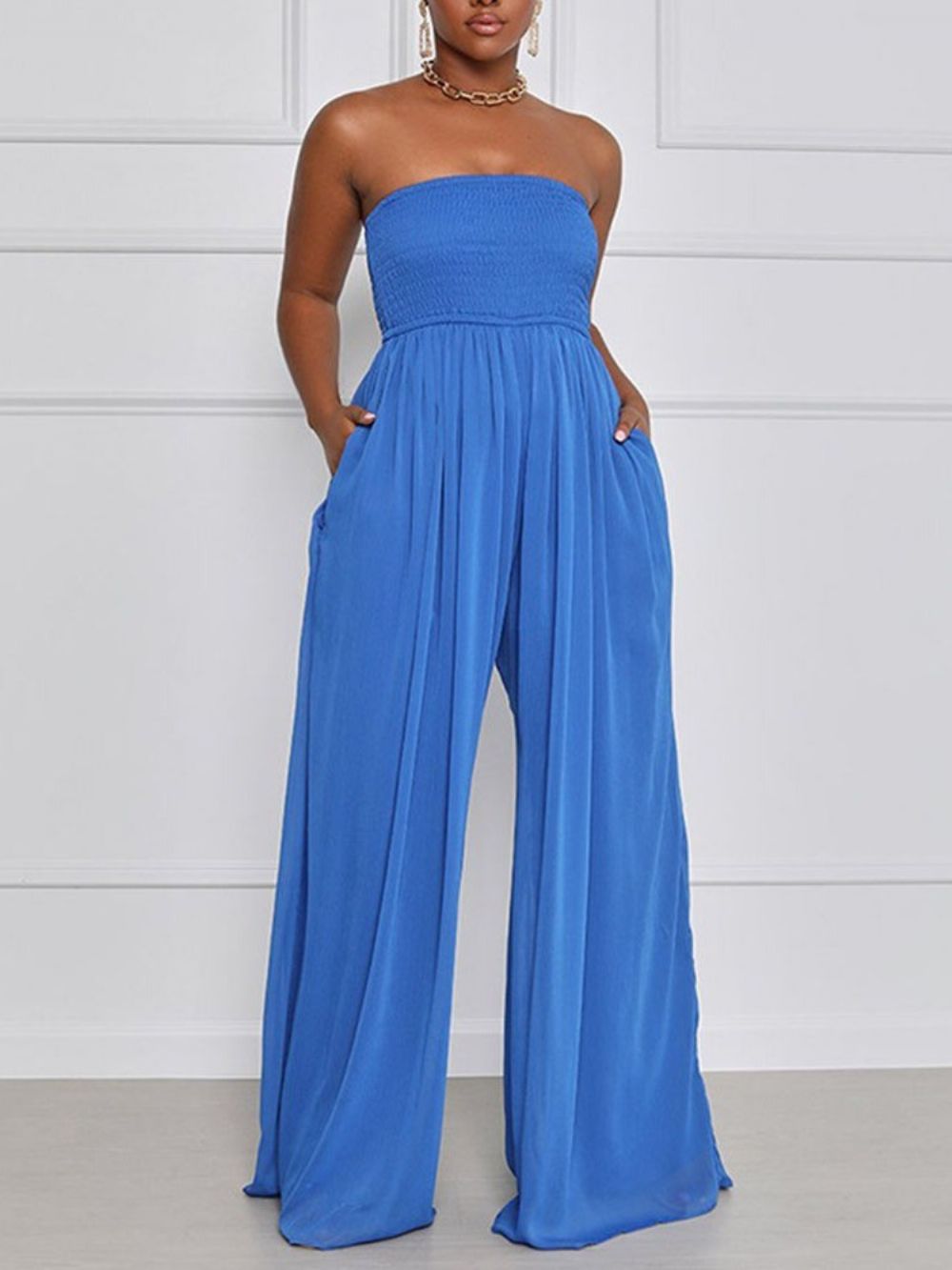 Mode Geplooide Damesjumpsuit Met Hoge Taille En Wijde Pijpen Over De Volledige Lengte