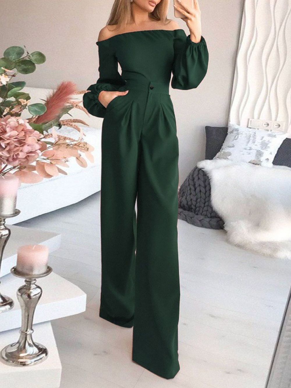 Mode-Uniforme Slanke Jumpsuit Met Hoge Taille Over De Volledige Lengte