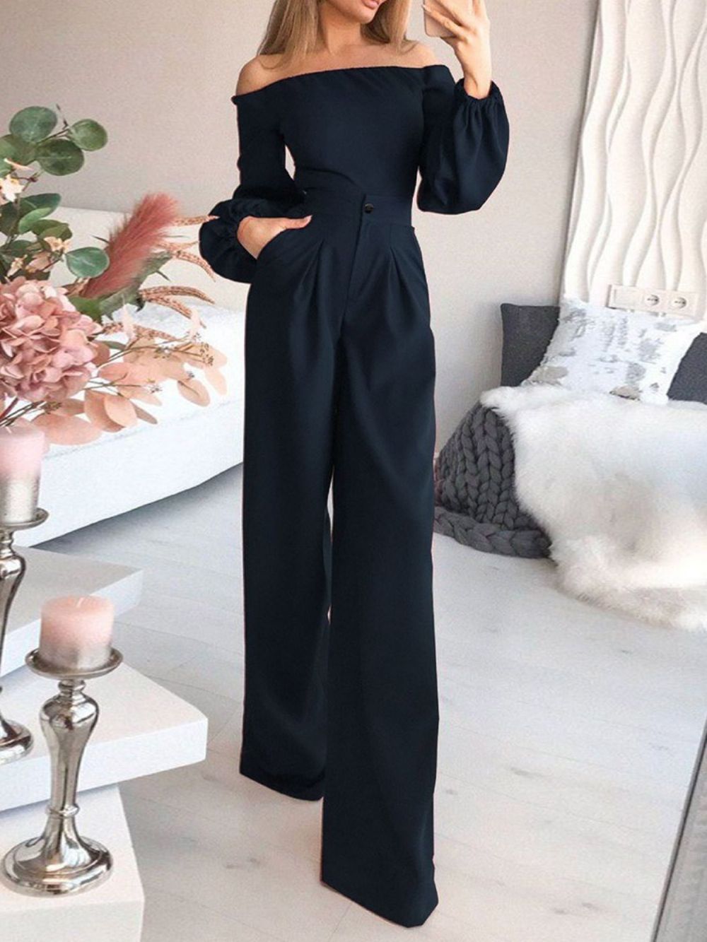 Mode-Uniforme Slanke Jumpsuit Met Hoge Taille Over De Volledige Lengte