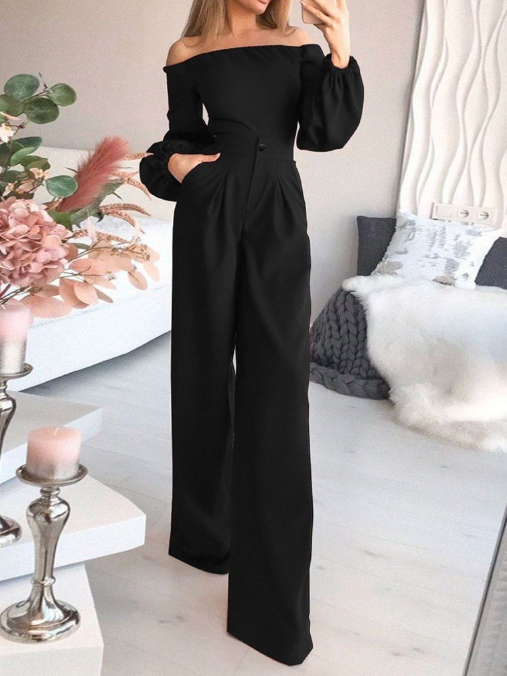 Mode-Uniforme Slanke Jumpsuit Met Hoge Taille Over De Volledige Lengte