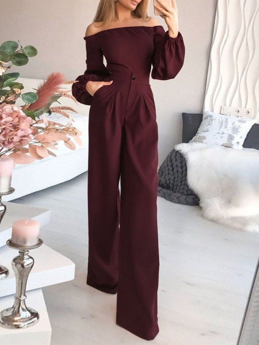 Mode-Uniforme Slanke Jumpsuit Met Hoge Taille Over De Volledige Lengte