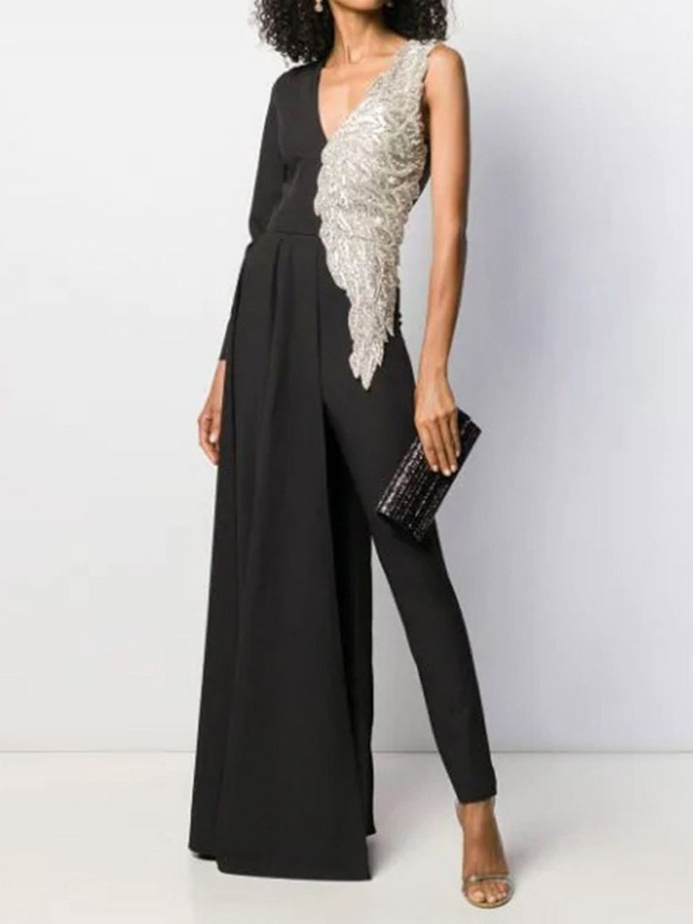 Mode Volledige Lengte Pailletten Mid Taille Rechte Jumpsuit