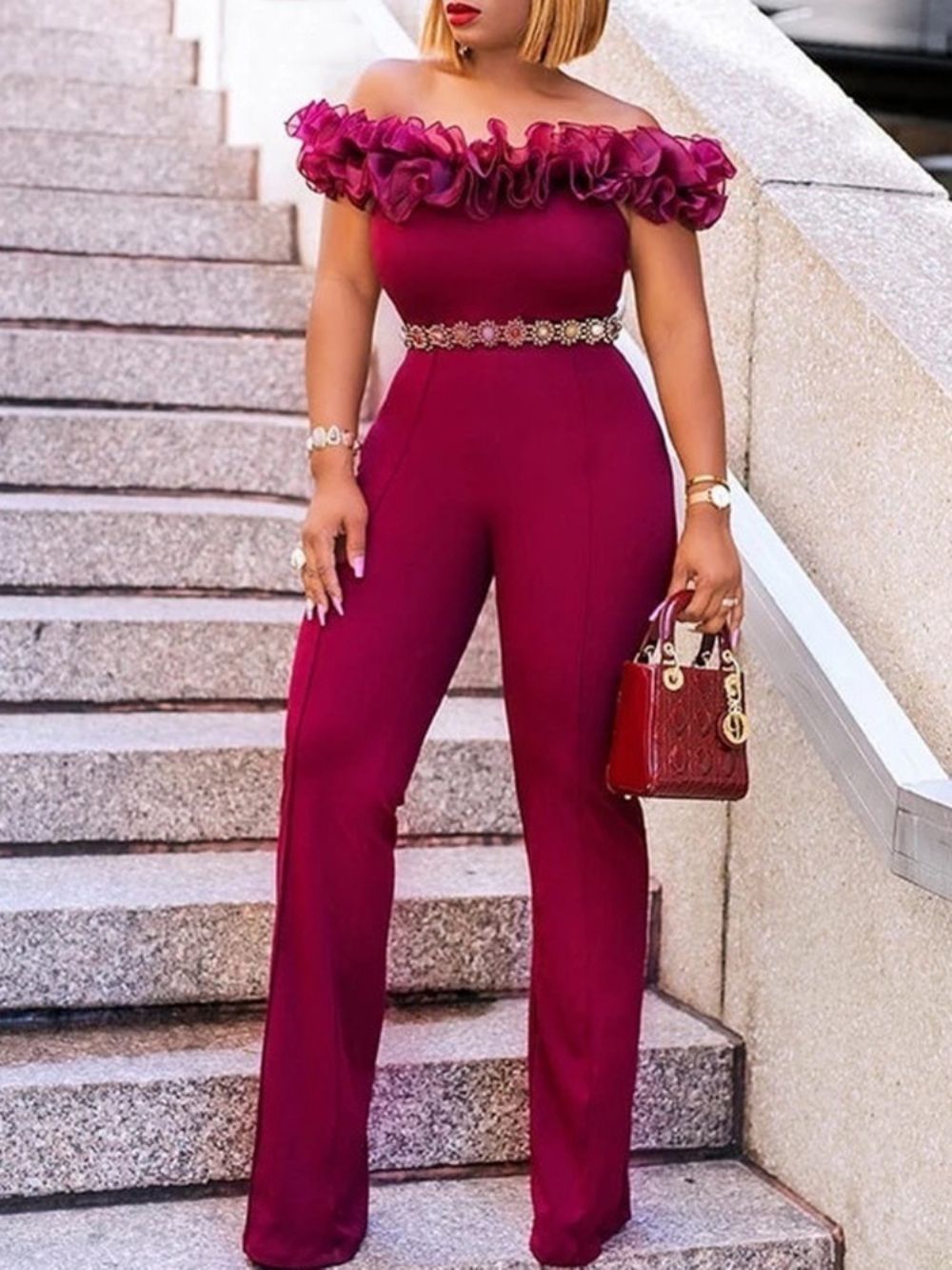 Off-Shoulder Effen Falbala Slanke Jumpsuit Met Hoge Taille En Volledige Lengte