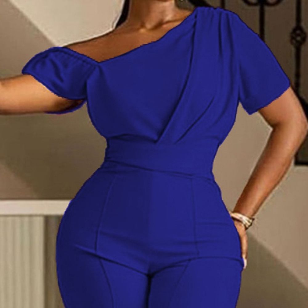 Office Lady Effen Asymmetrische Bellbottoms Jumpsuit Met Hoge Taille