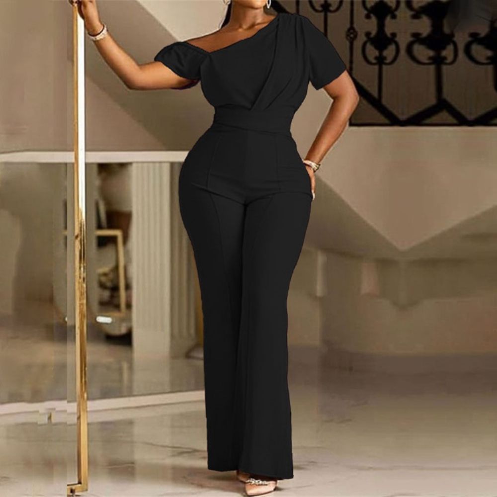 Office Lady Effen Asymmetrische Bellbottoms Jumpsuit Met Hoge Taille