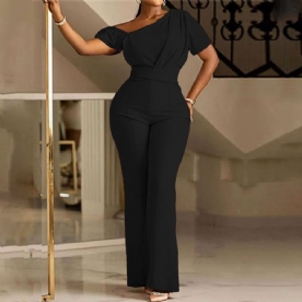 Office Lady Effen Asymmetrische Bellbottoms Jumpsuit Met Hoge Taille