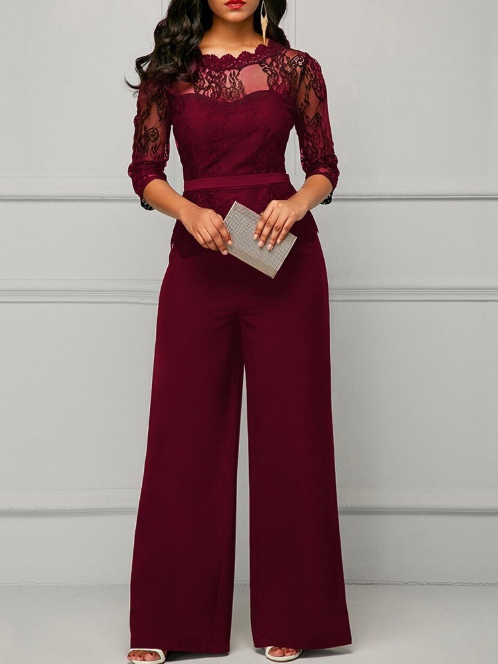 Office Lady Effen Kanten Rechte Jumpsuit Met Hoge Taille