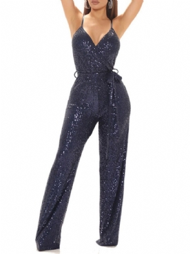 Pailletten Lange Effen Rechte Slanke Jumpsuit Met Veters