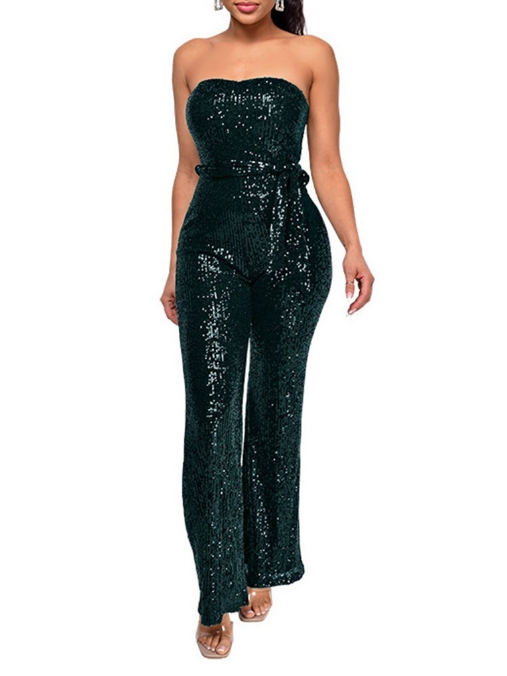 Pailletten Western Effen Rechte Jumpsuit Met Hoge Taille