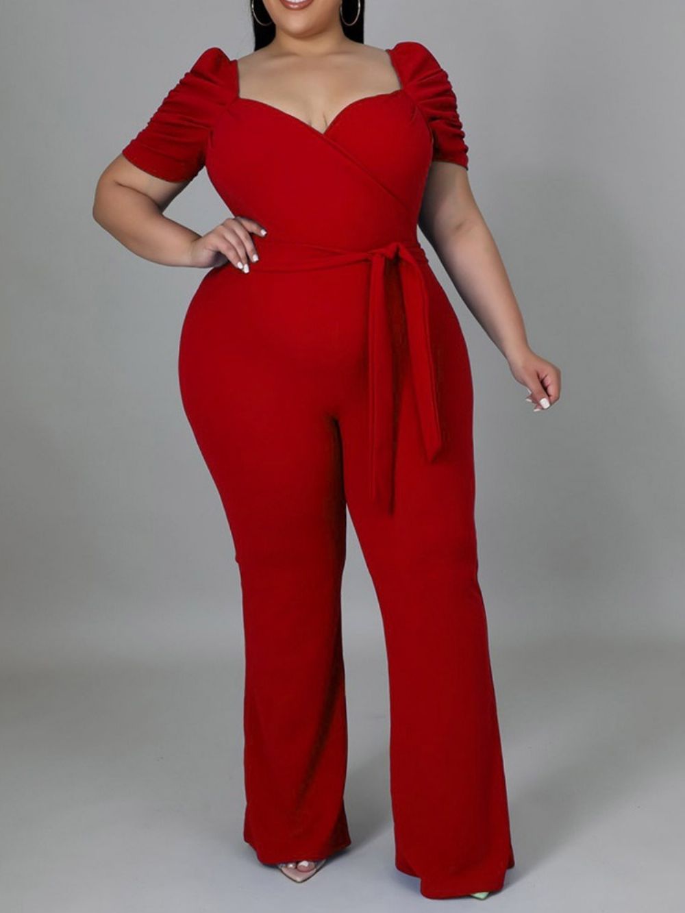 Plus maat Effen Jumpsuit Met Volledige Lengte En Vetersluiting Slanke Hoge Taille