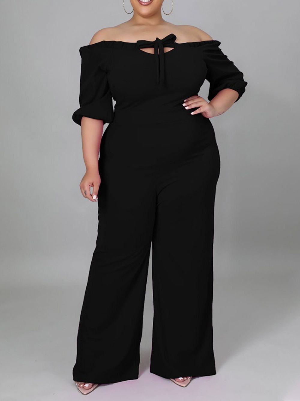 Plus maat Effen Veter Jumpsuit Met Hoge Taille En Volledige Lengte