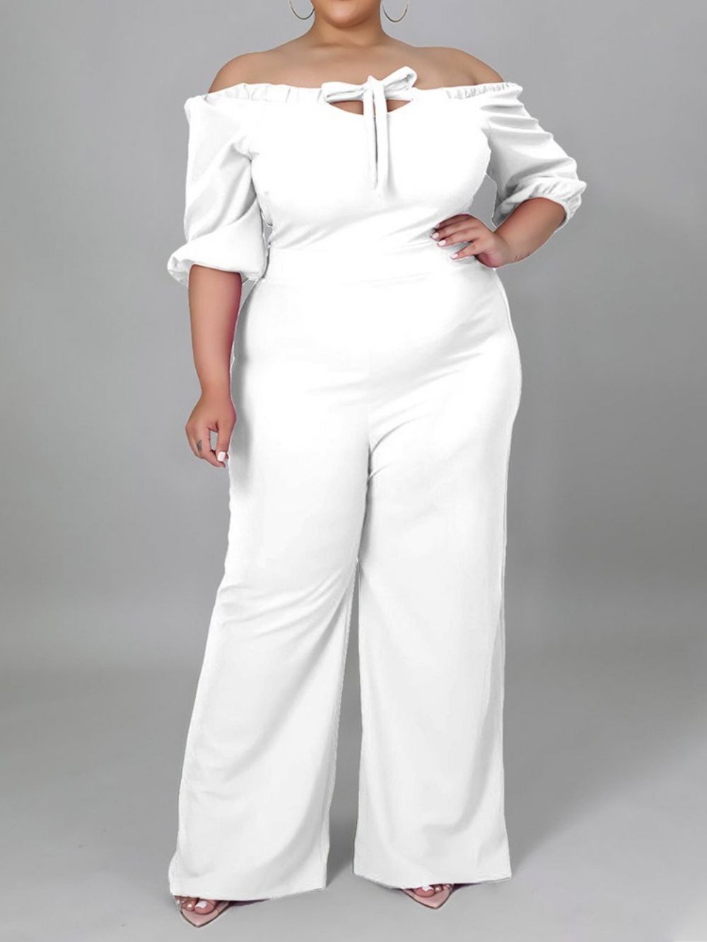 Plus maat Effen Veter Jumpsuit Met Hoge Taille En Volledige Lengte