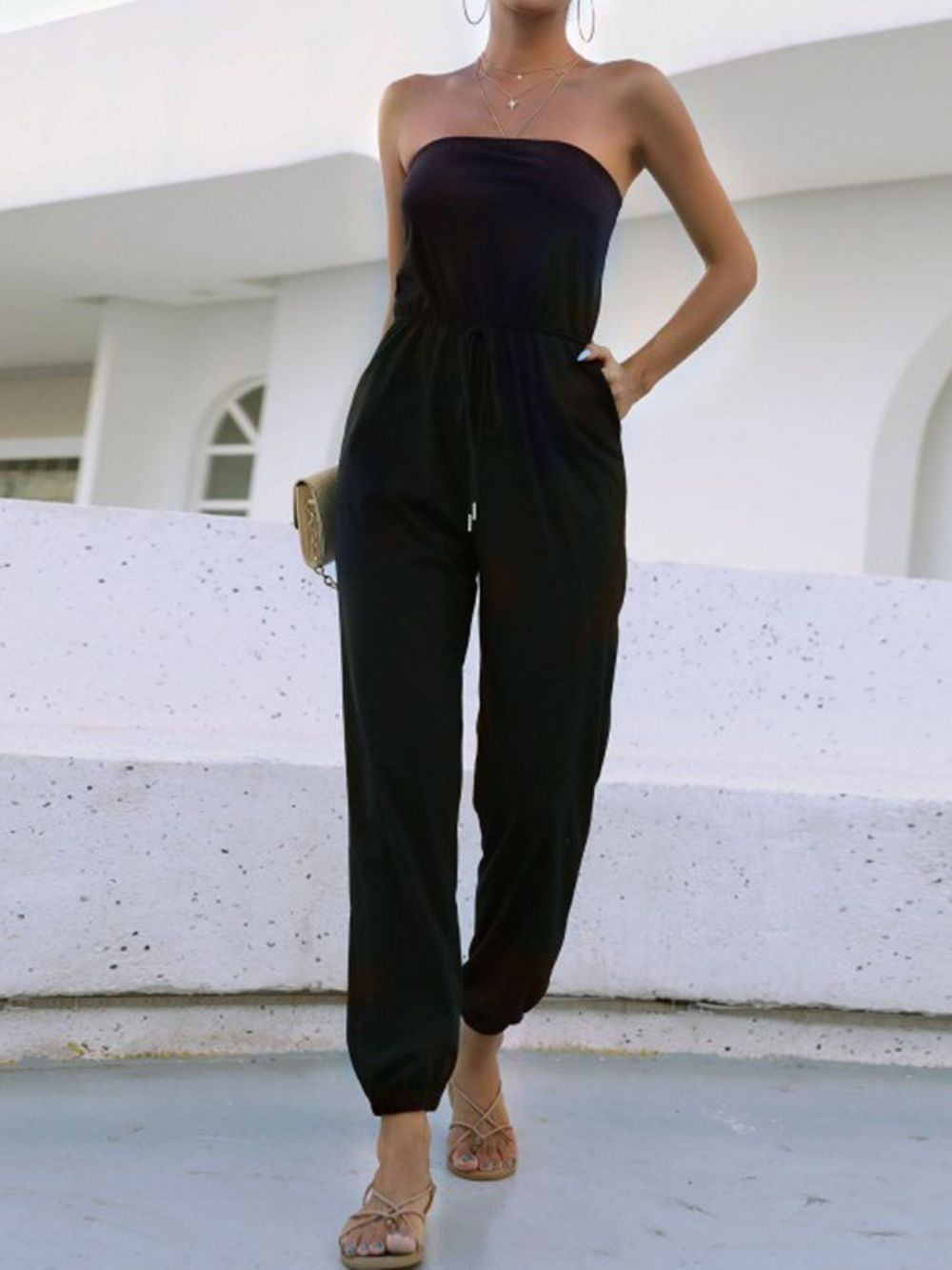 Pocket Ladylike Effen Damesjumpsuit Met Halfhoge Taille En Slanke Taille