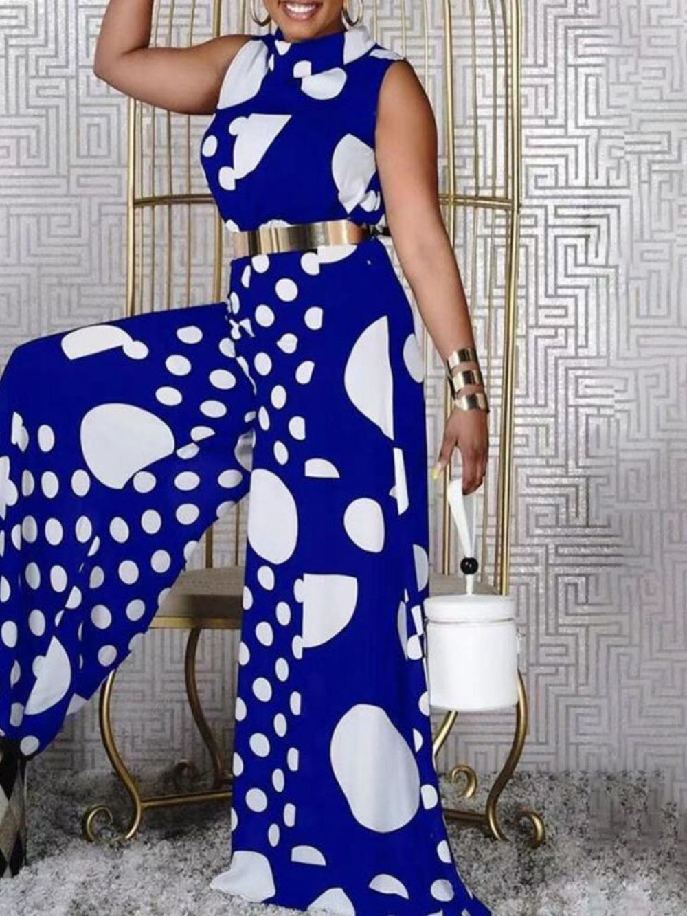 Polka Dots Patchwork Damesjumpsuit Met Losse Wijde Pijpen Over De Volledige Lengte