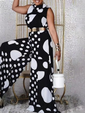 Polka Dots Patchwork Damesjumpsuit Met Losse Wijde Pijpen Over De Volledige Lengte