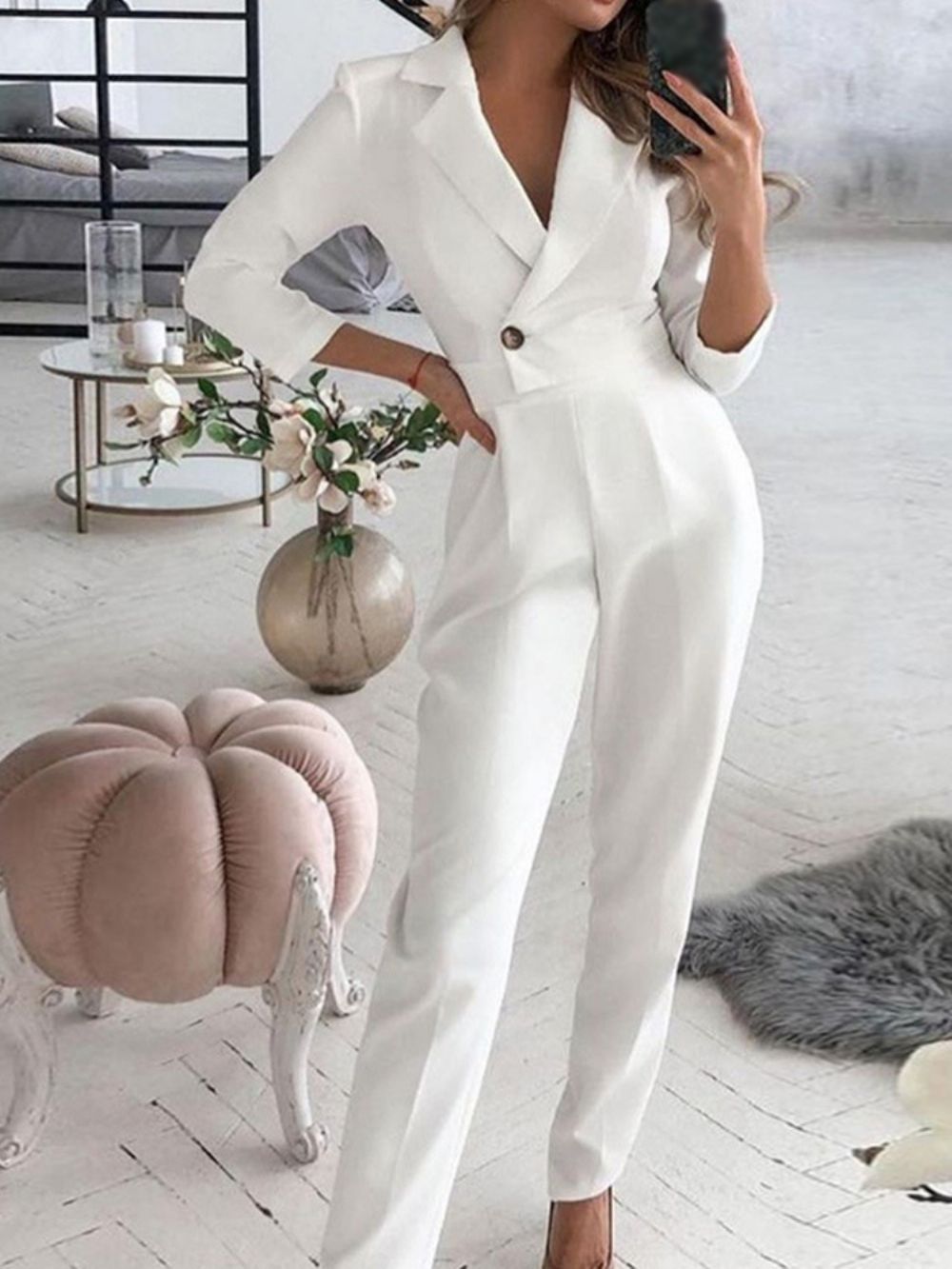 Potloodbroek Met Volledige Lengte En Effen Knopen Hoge Taille Jumpsuit