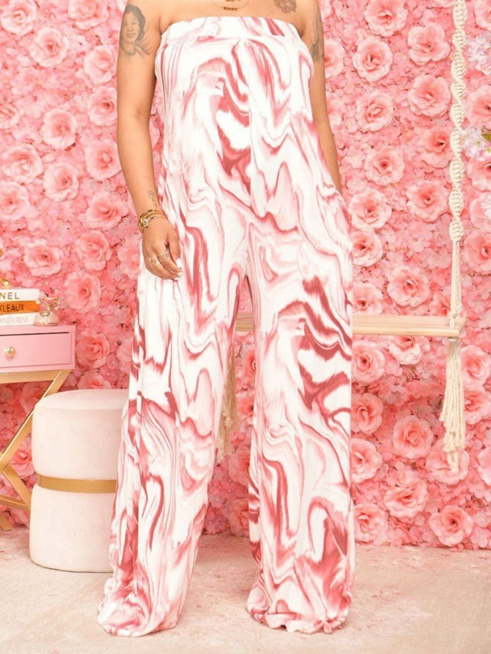 Print Full Length Office Lady Dames-Jumpsuit Met Wijde Pijpen En Wijde Pijpen