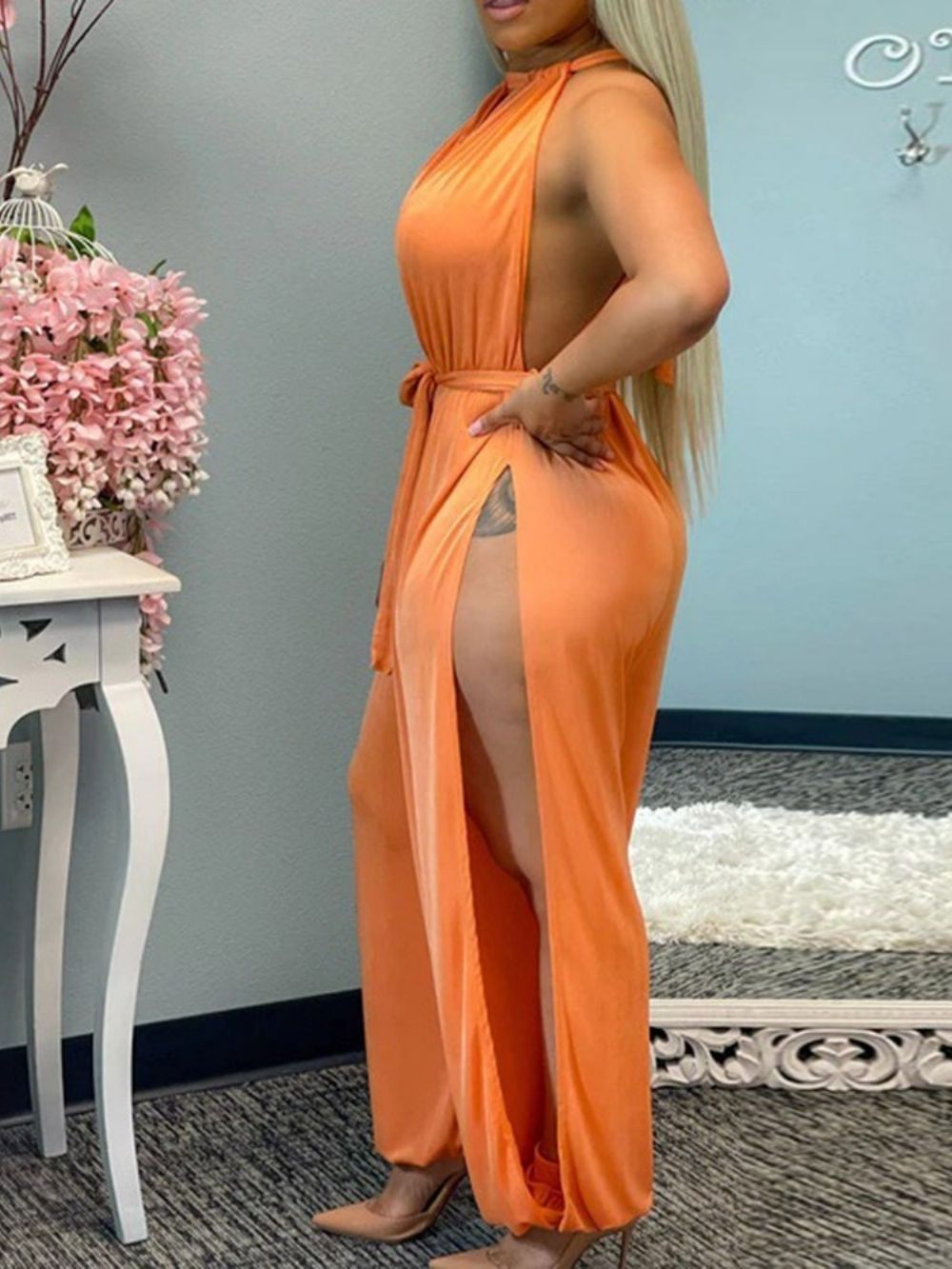 Sexy Effen Losse Hoge Taille Damesjumpsuit Over De Volledige Lengte