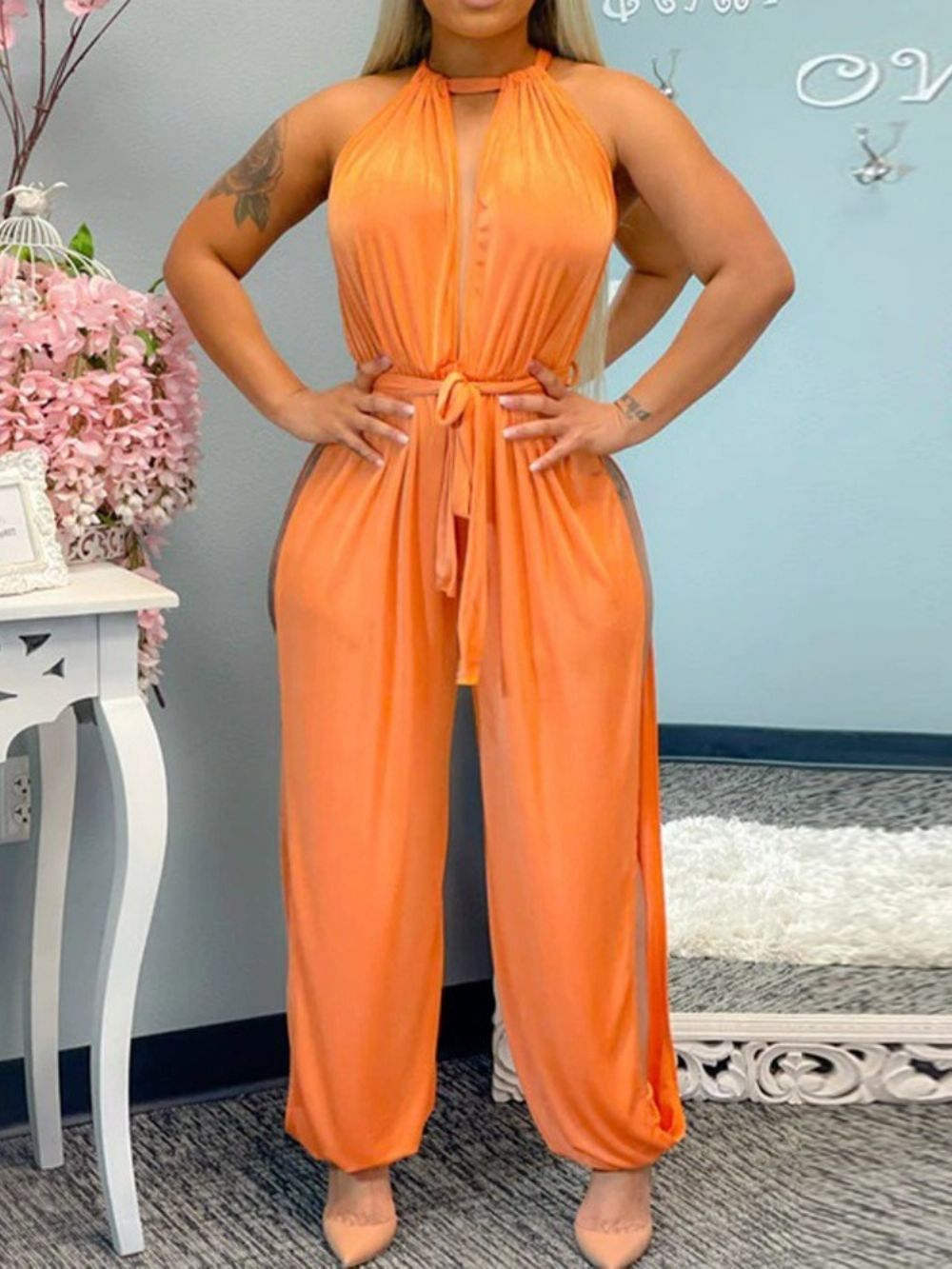 Sexy Effen Losse Hoge Taille Damesjumpsuit Over De Volledige Lengte