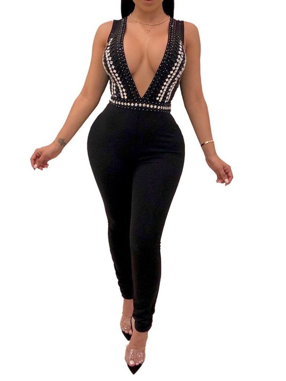 Sexy Effen Rugloze Diamanten Slanke Jumpsuit