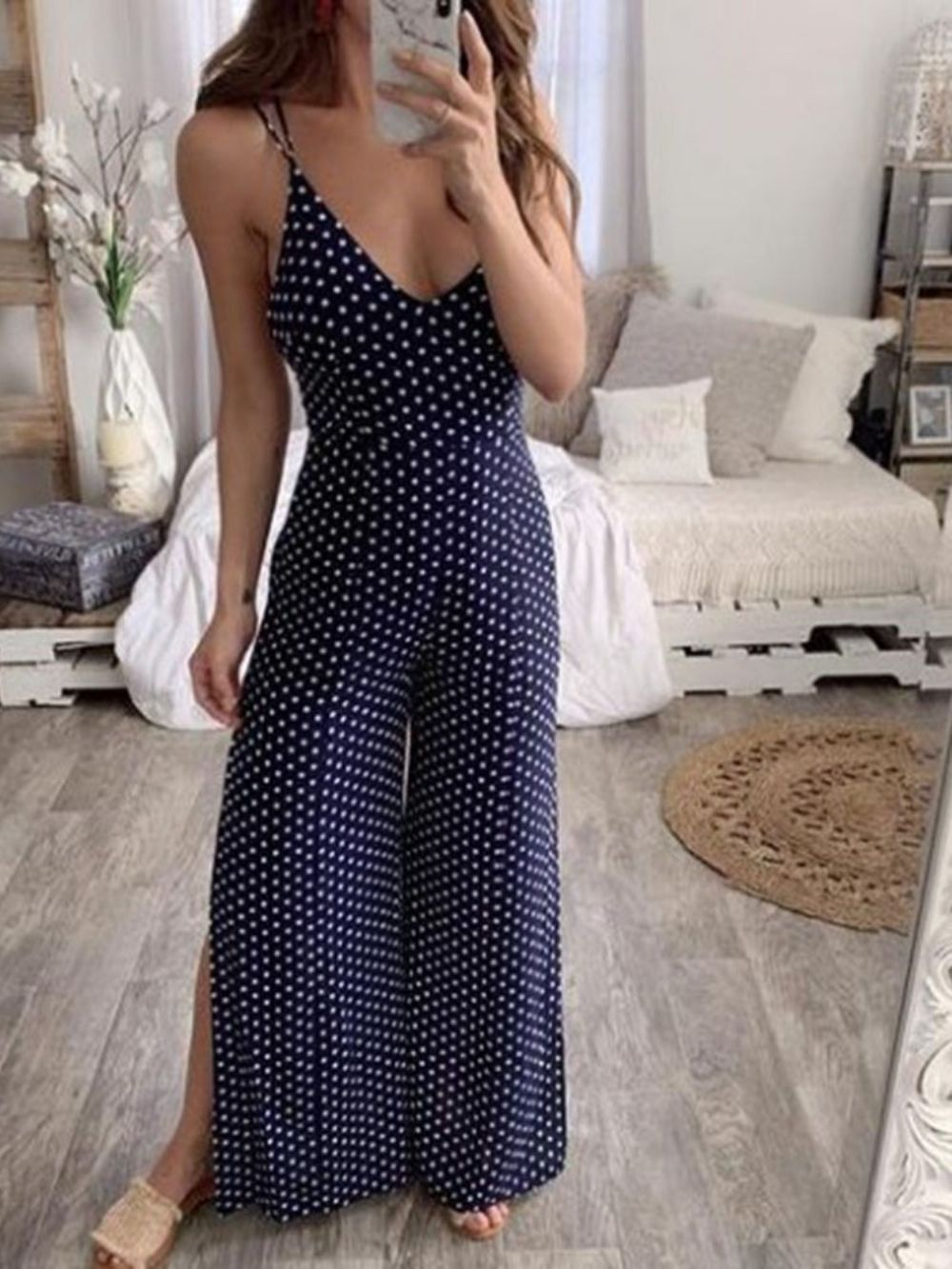 Travel Look Polka Dots Band Bellbottoms Mid Waist Damesjumpsuit