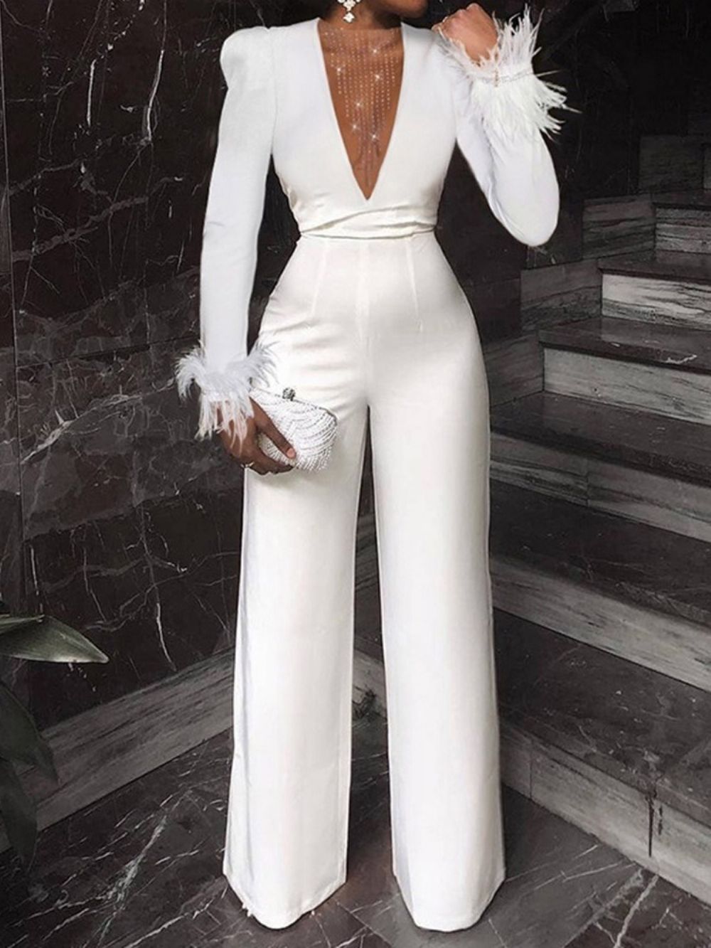 Volledige Lengte Effen Veren Wijde Pijpen Mid Waist Jumpsuit