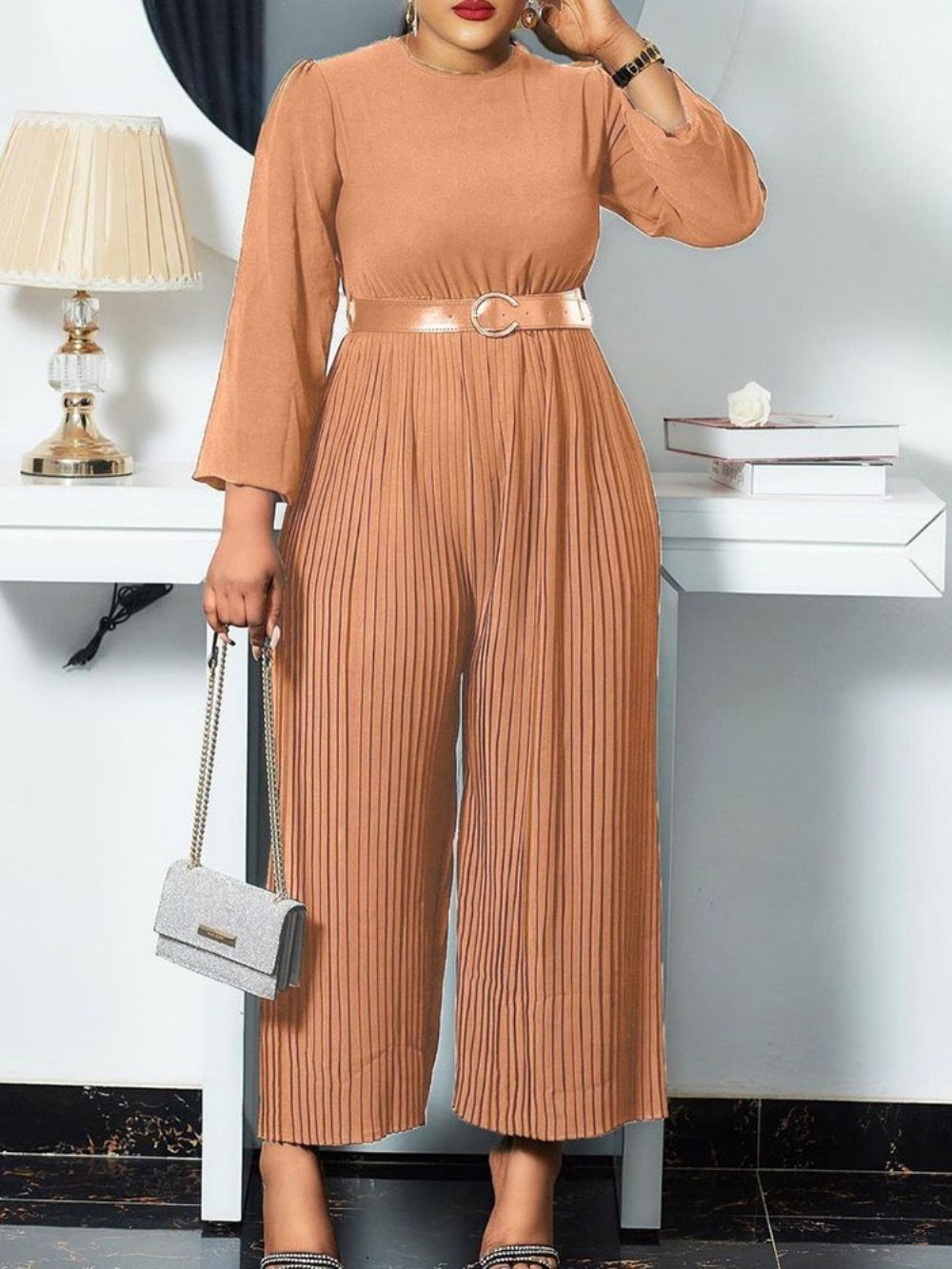 Volledige Lengte Mode Geplooide Hoge Taille Losse Jumpsuit