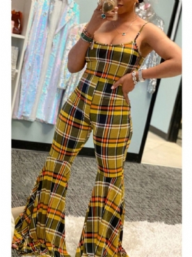 Western Patchwork Plaid Hoge Taille Bellbottoms Dames Jumpsuit