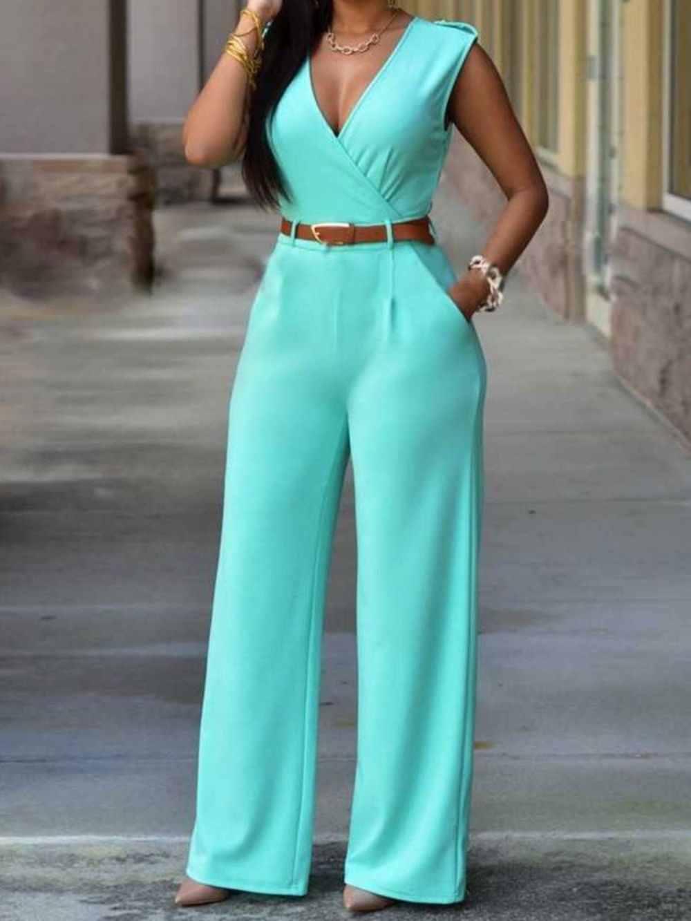 Western-Uniforme Effen Rechte Jumpsuit Met Volledige Lengte