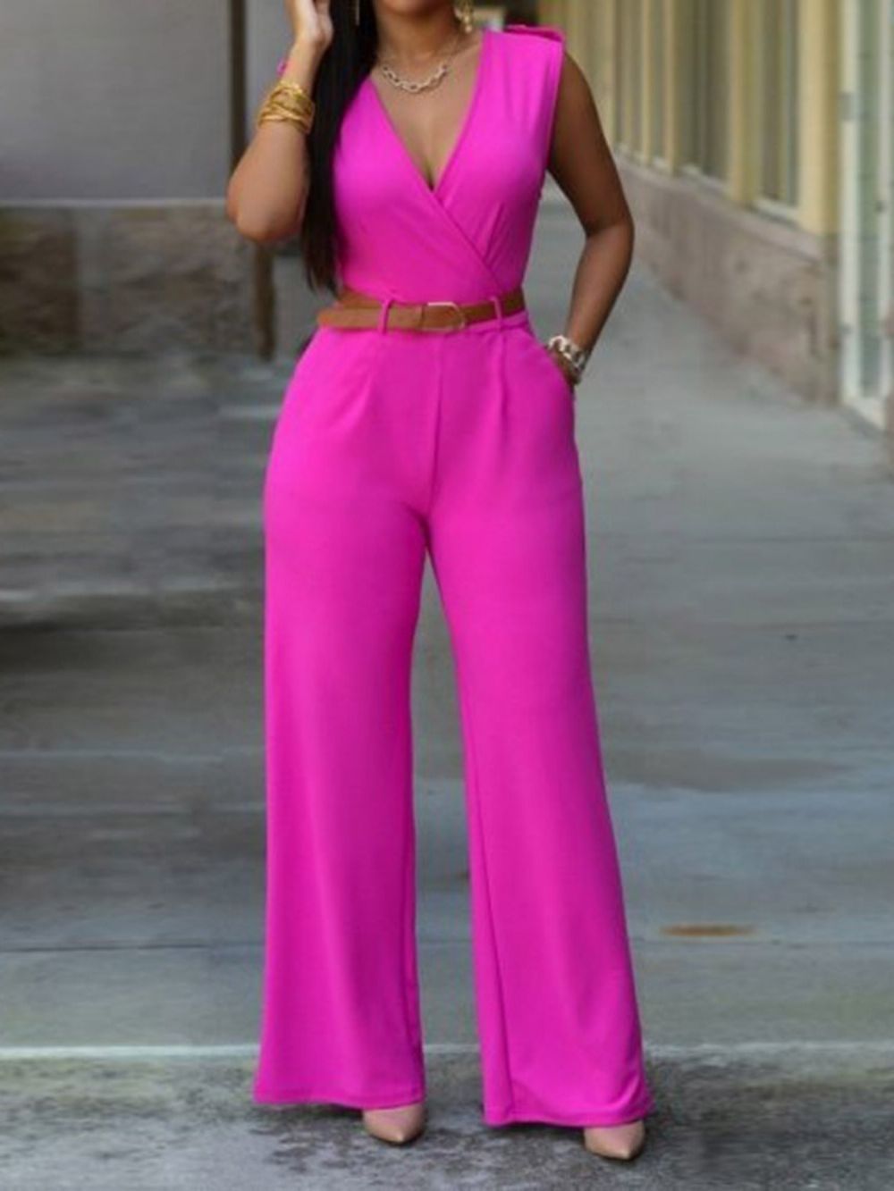 Western-Uniforme Effen Rechte Jumpsuit Met Volledige Lengte