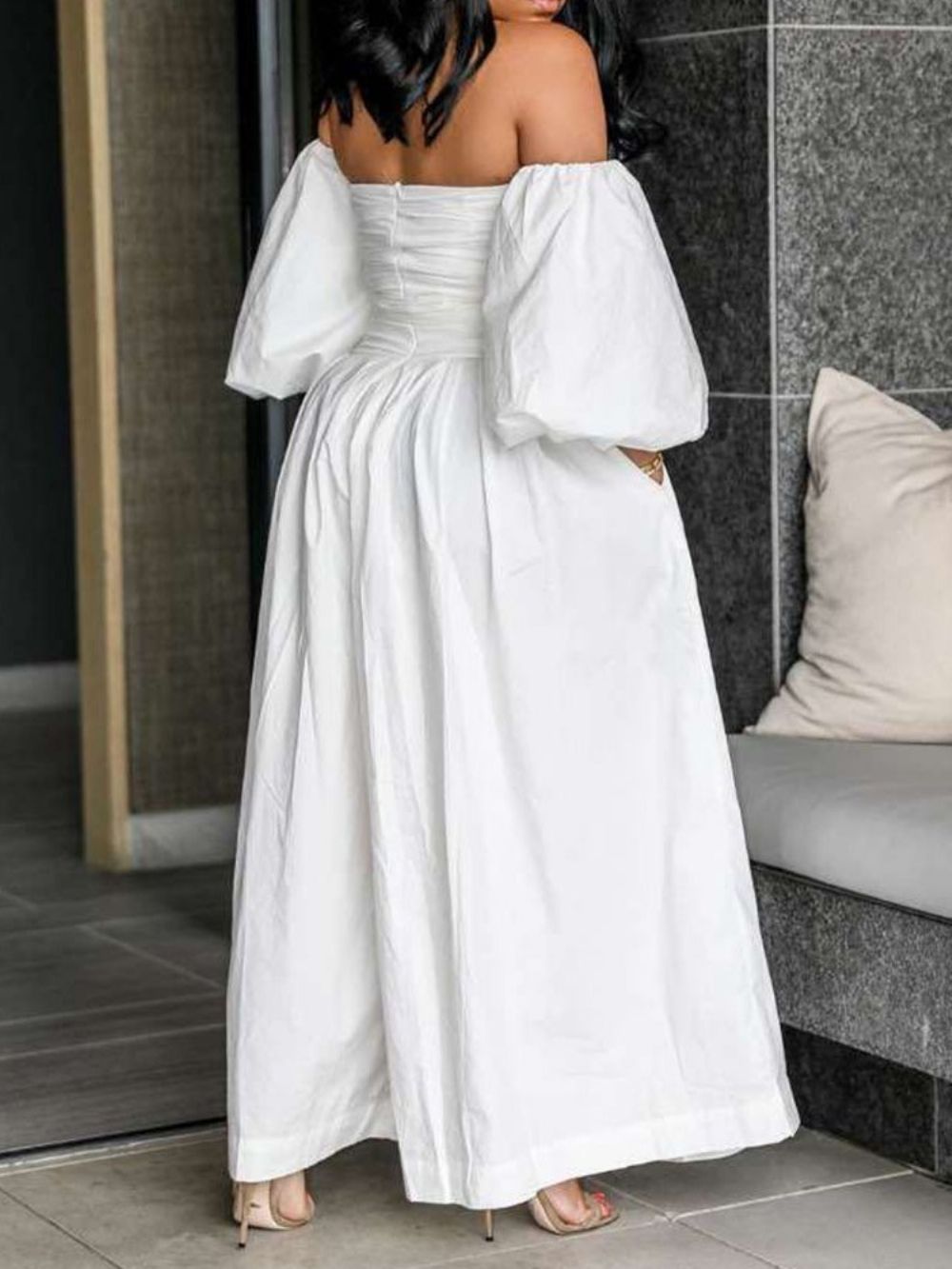 Witte Losse Hoge Taille Off-Shoulder Jumpsuit