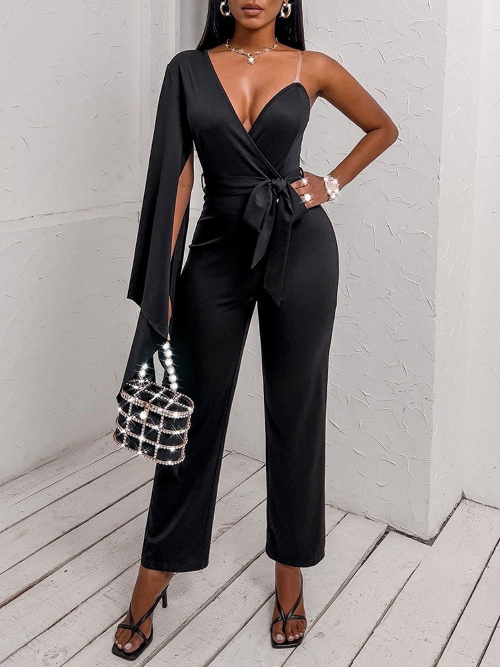 Zwarte Bordeauxblauwe Asymmetrische Volledige Lengte Effen Slanke Jumpsuit Met Hoge Taille