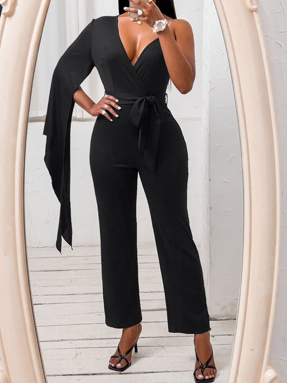 Zwarte Bordeauxblauwe Asymmetrische Volledige Lengte Effen Slanke Jumpsuit Met Hoge Taille