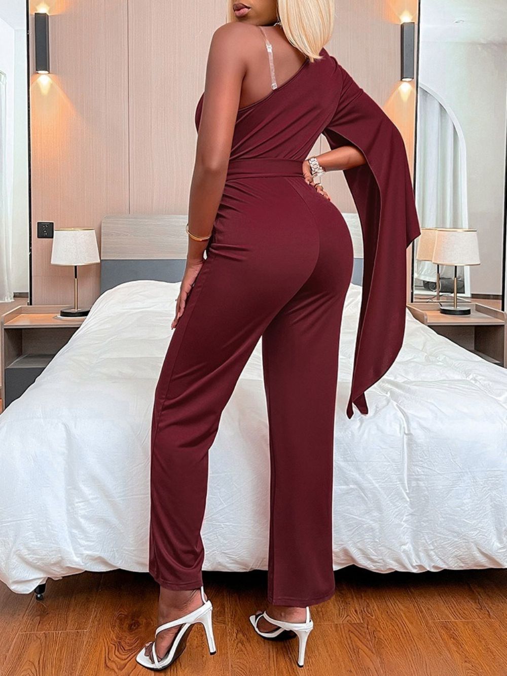 Zwarte Bordeauxblauwe Asymmetrische Volledige Lengte Effen Slanke Jumpsuit Met Hoge Taille