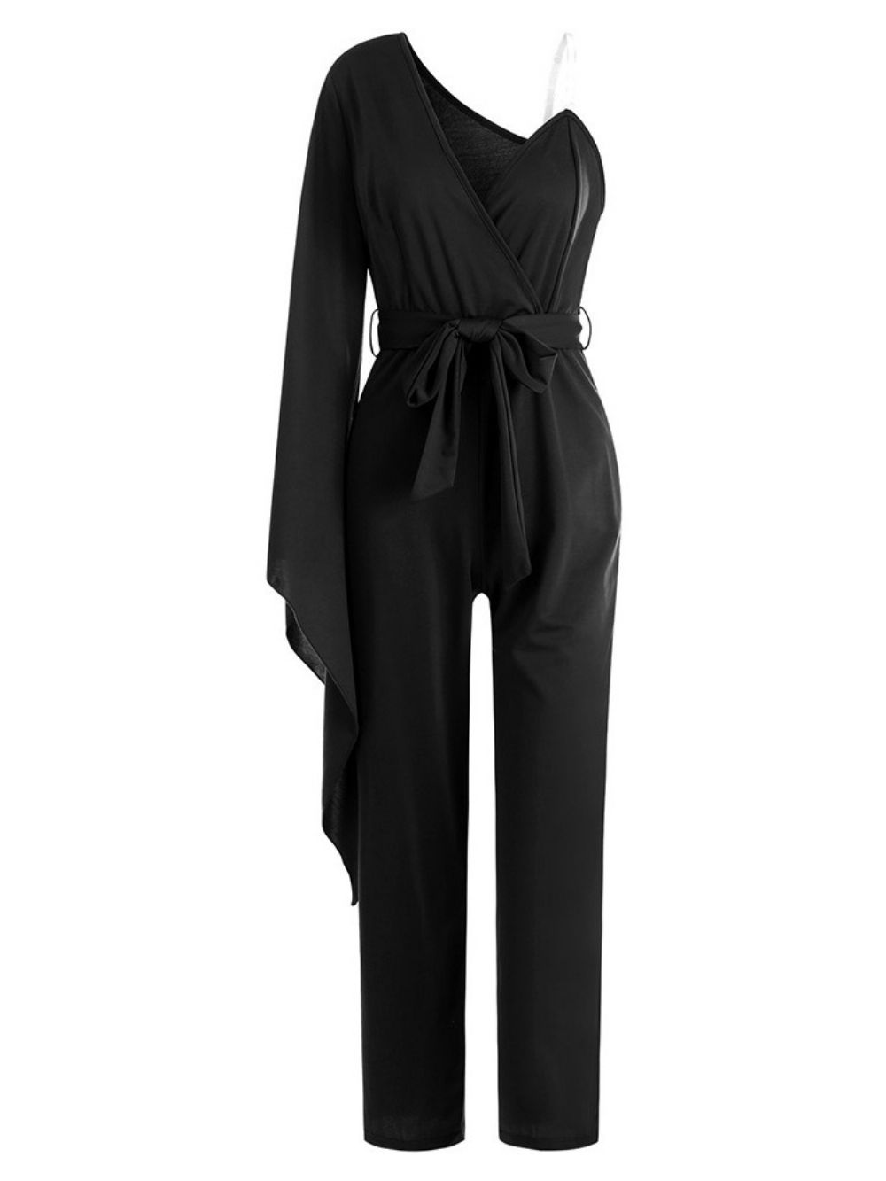 Zwarte Bordeauxblauwe Asymmetrische Volledige Lengte Effen Slanke Jumpsuit Met Hoge Taille