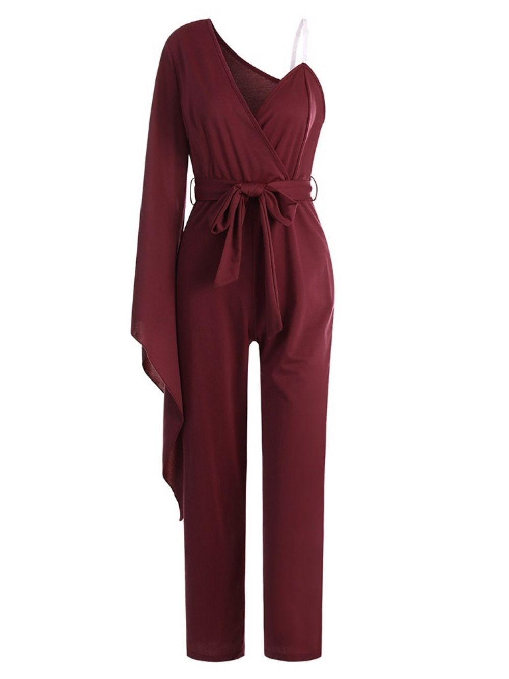 Zwarte Bordeauxblauwe Asymmetrische Volledige Lengte Effen Slanke Jumpsuit Met Hoge Taille