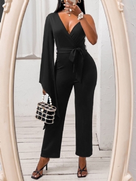 Zwarte Bordeauxblauwe Asymmetrische Volledige Lengte Effen Slanke Jumpsuit Met Hoge Taille