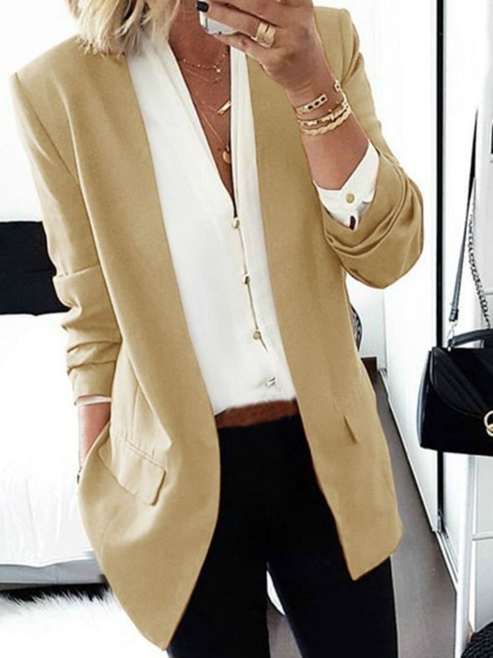 Effen Getande Revers Lange Mouw Halflang Normaal Casual Blazer