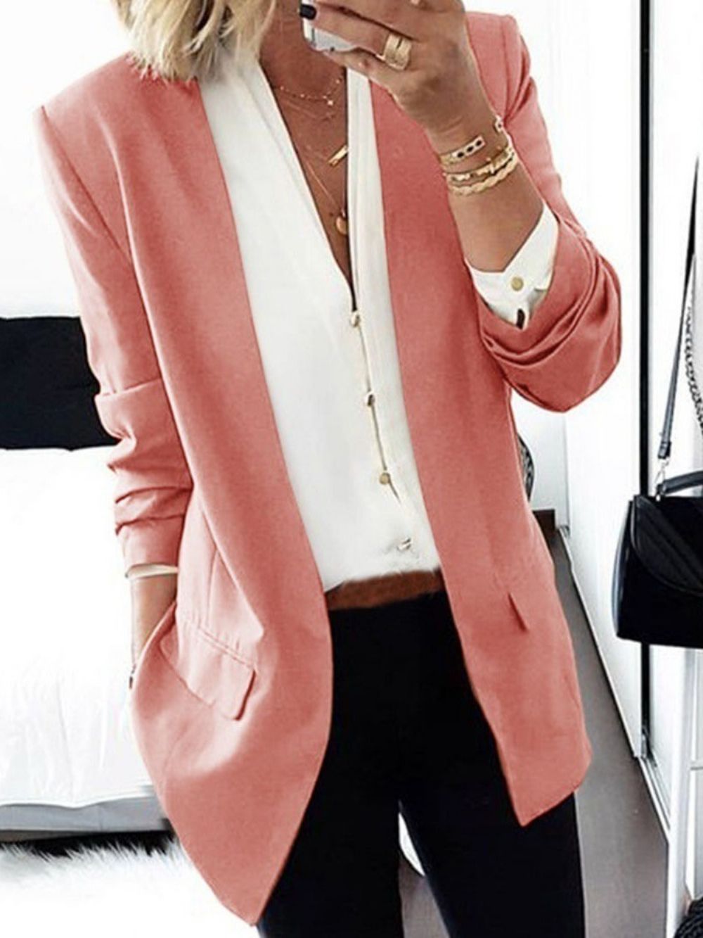 Effen Getande Revers Lange Mouw Halflang Normaal Casual Blazer