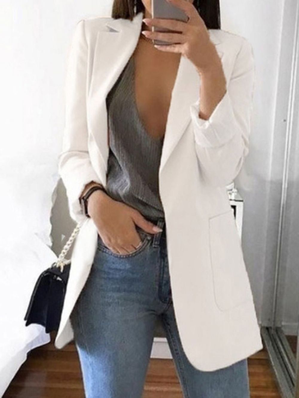 Effen Getande Revers Lange Mouw Herfst Halflange Casual Blazer