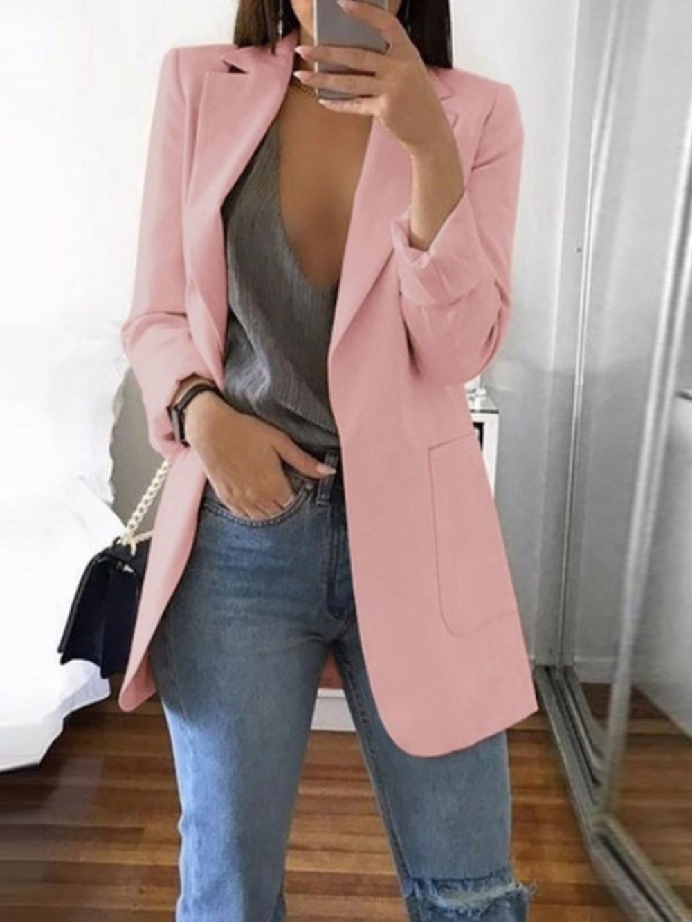 Effen Getande Revers Lange Mouw Herfst Halflange Casual Blazer