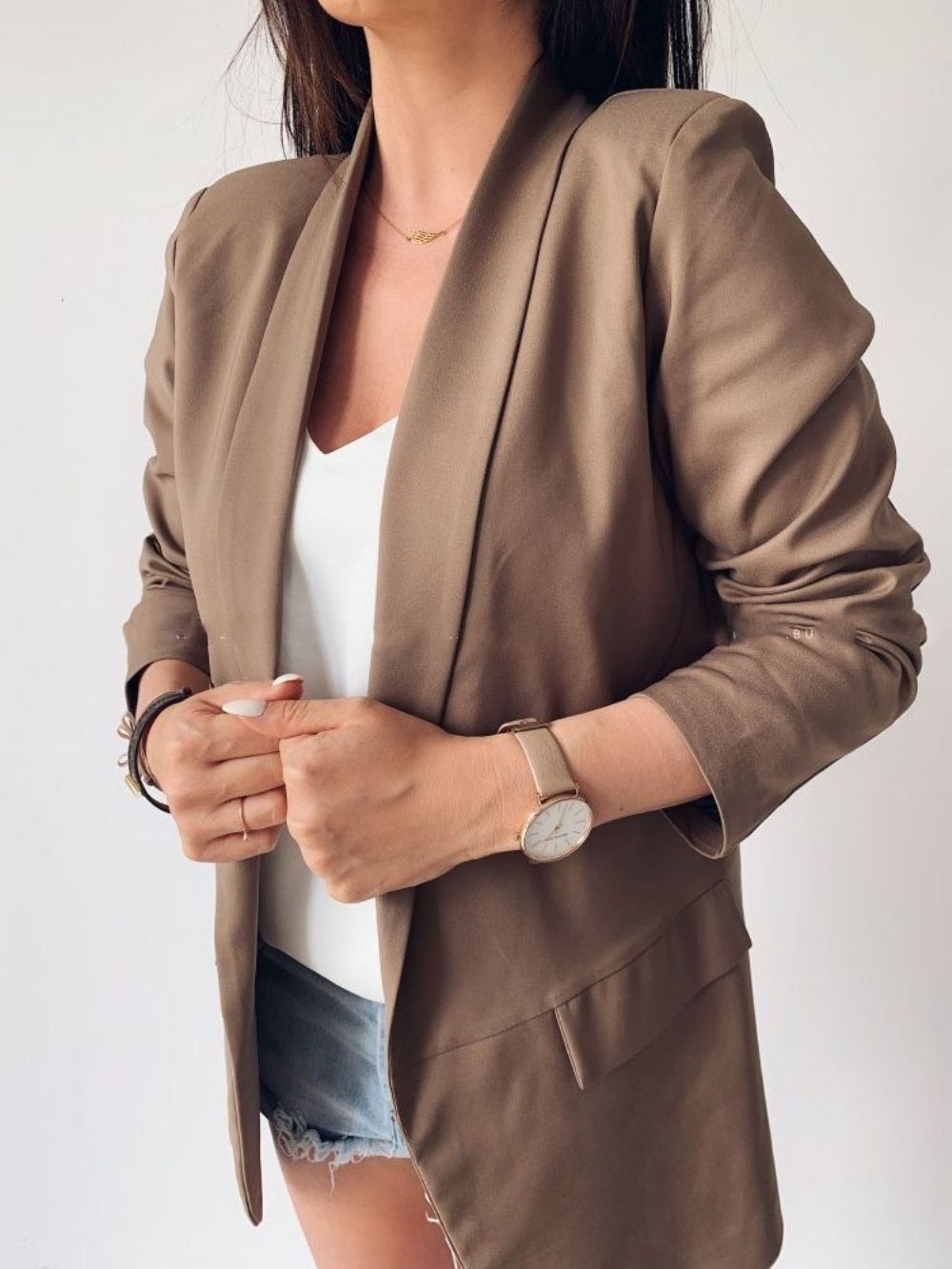 Effen Halflange Herfst Casual Blazer Met Driekwartmouwen