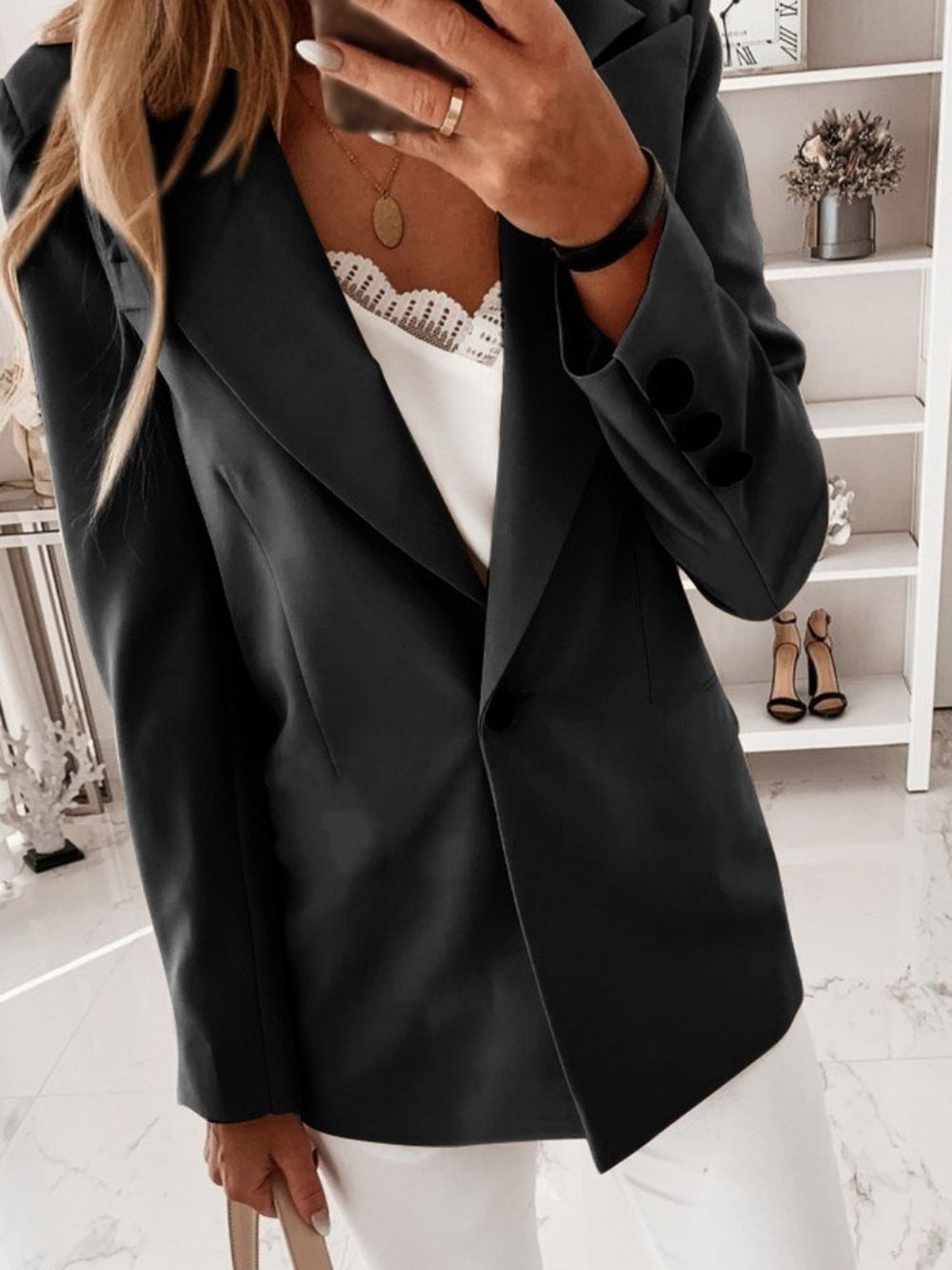 Effen Regular Casual Blazer Dames Met Ingekeepte Revers En Één Knoop