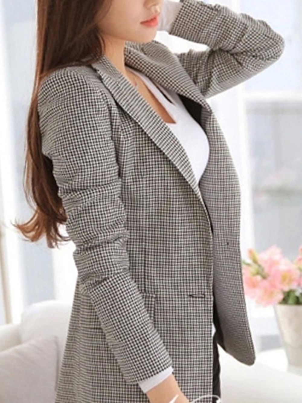 Houndstooth Blazer Dames Slanke Houndstooth Éénknoopsblazer Dames