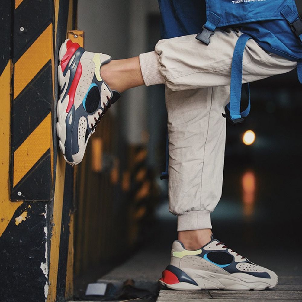 Herensneakers Met Ronde Neus En Veters Van Mesh Met Kleurvlakken