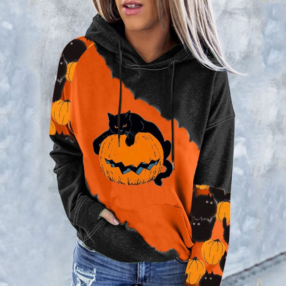 Halloween Kleurblok Raglanmouwen Print Hooded Hoodie Met Lange Mouwen