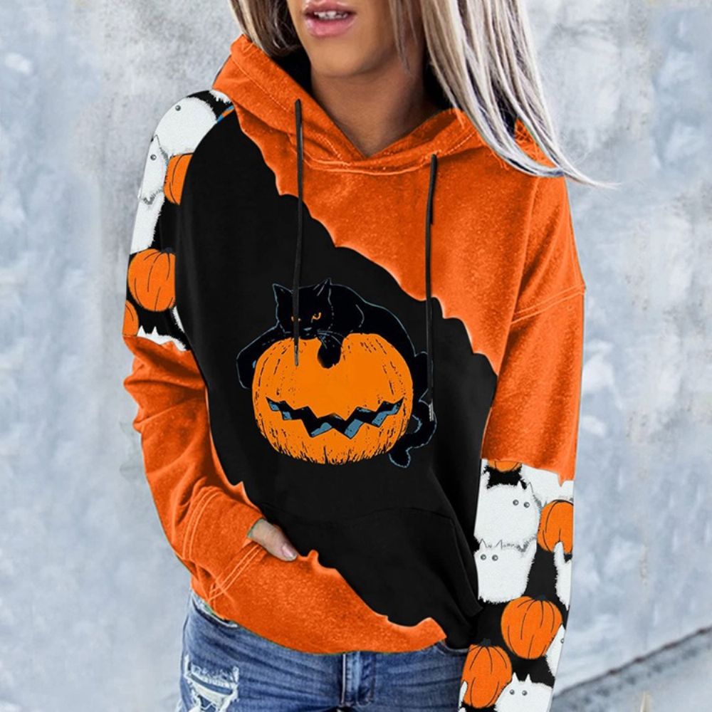 Halloween Kleurblok Raglanmouwen Print Hooded Hoodie Met Lange Mouwen