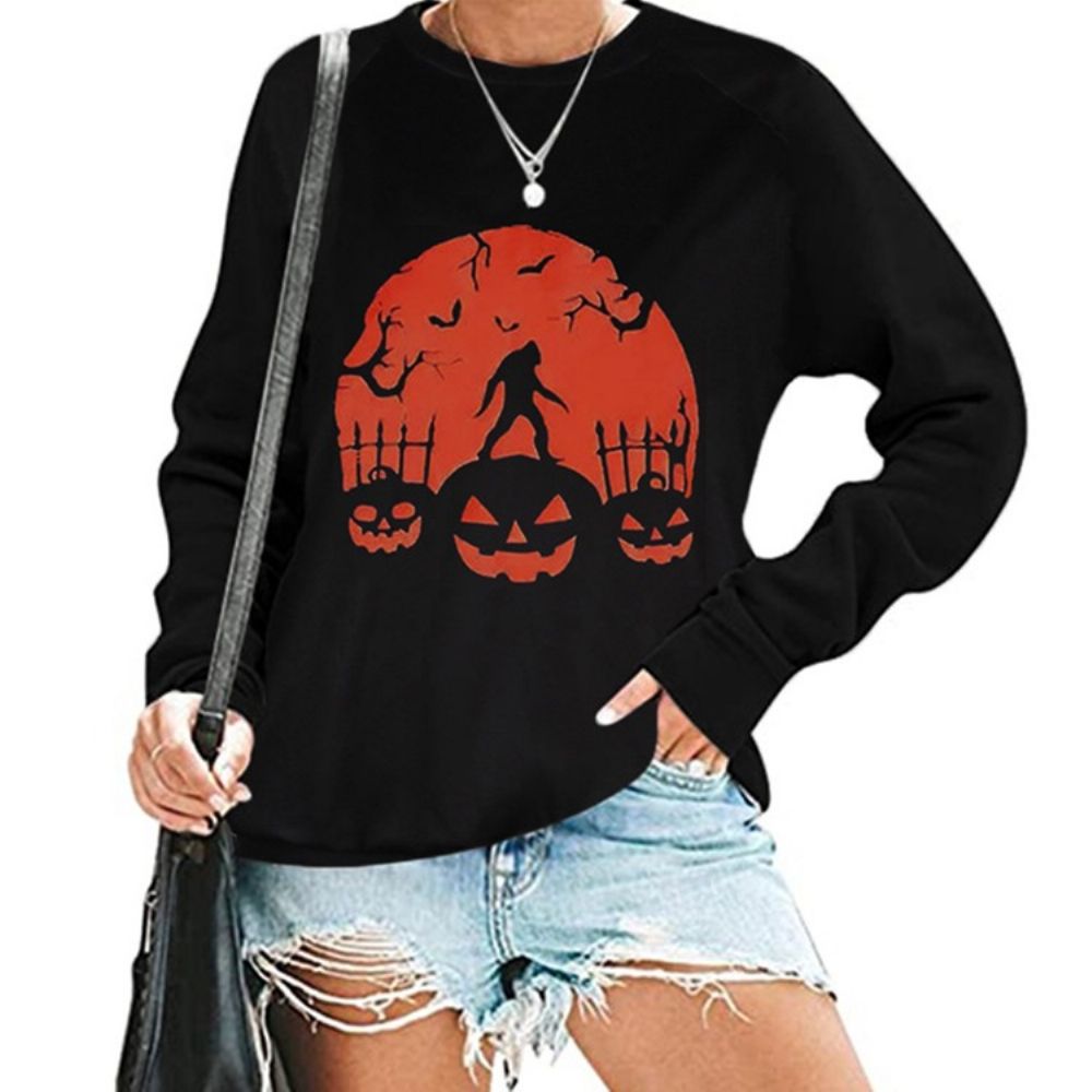 Halloween Print Schedel Raglanmouwen Ronde Hals Hoodie Met Lange Mouwen