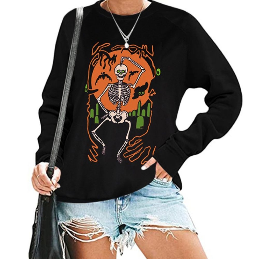 Halloween Print Schedel Raglanmouwen Ronde Hals Hoodie Met Lange Mouwen